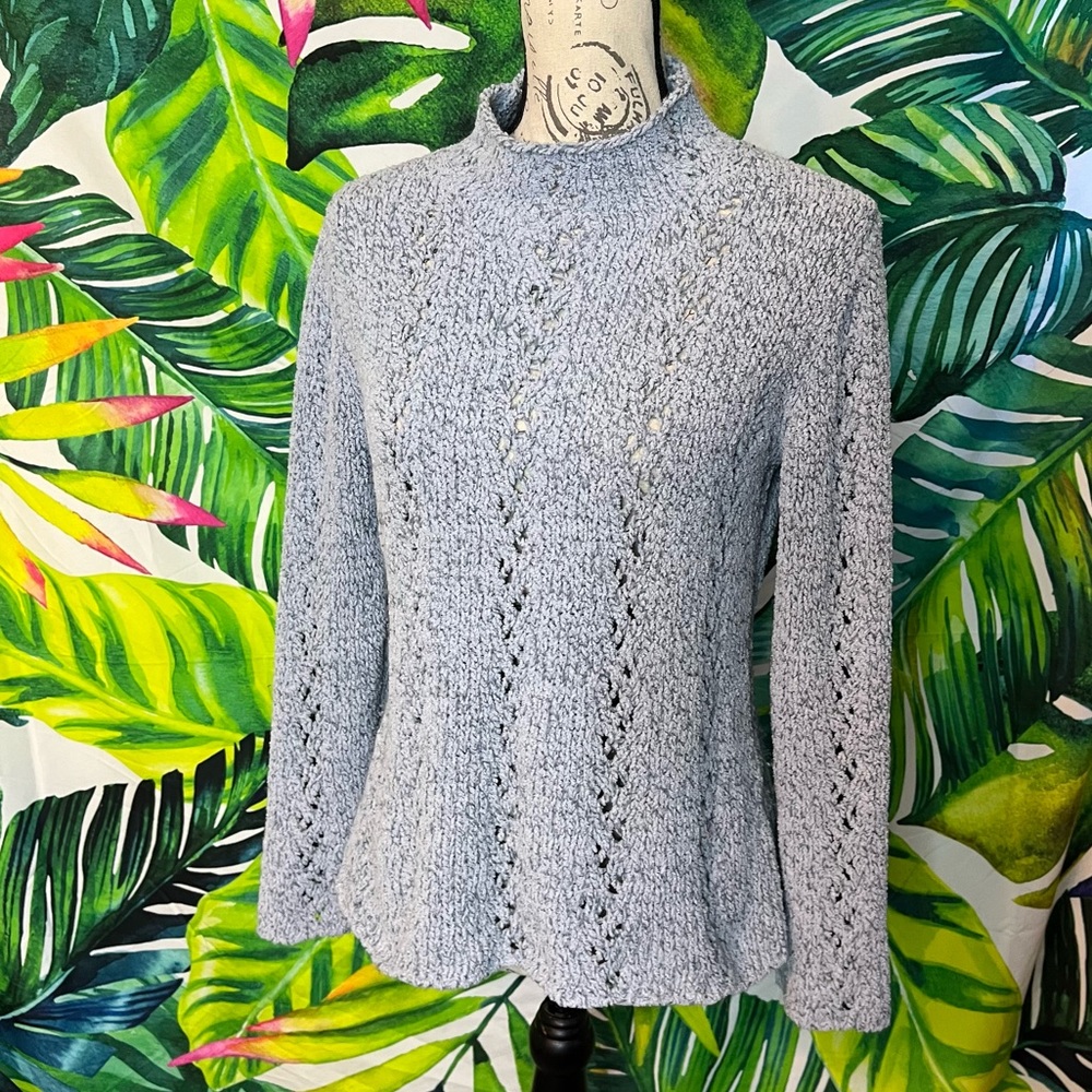 Sigrid Olsen Medium Ice Pale Blue Pointelle Sheer Winter Teacher Office Sweater